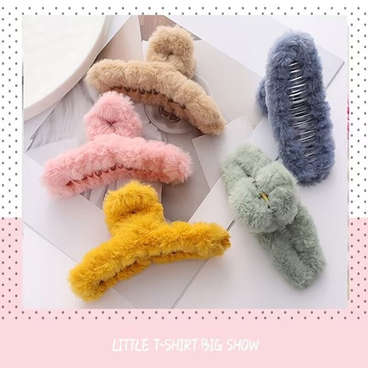 TR Creation Furry T Shape Hair Claw Clip for Women & Girls Soft Plush Cute T Shape Hair Accessory.
