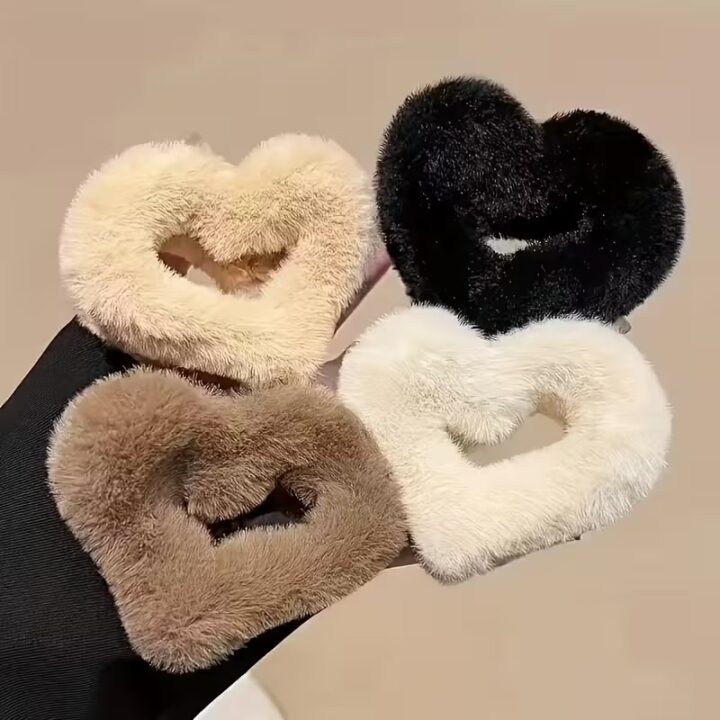 TR Creation Furry Heart Hair Claw Clip for Women & Girls Soft Plush Cute Heart Shape Hair Accessory.