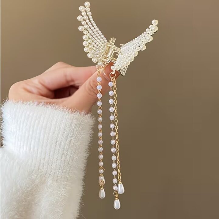 TR Creation Moti Butterfly Hair Claw Pearl Decor Strong Grip Clip for Women & Girls.